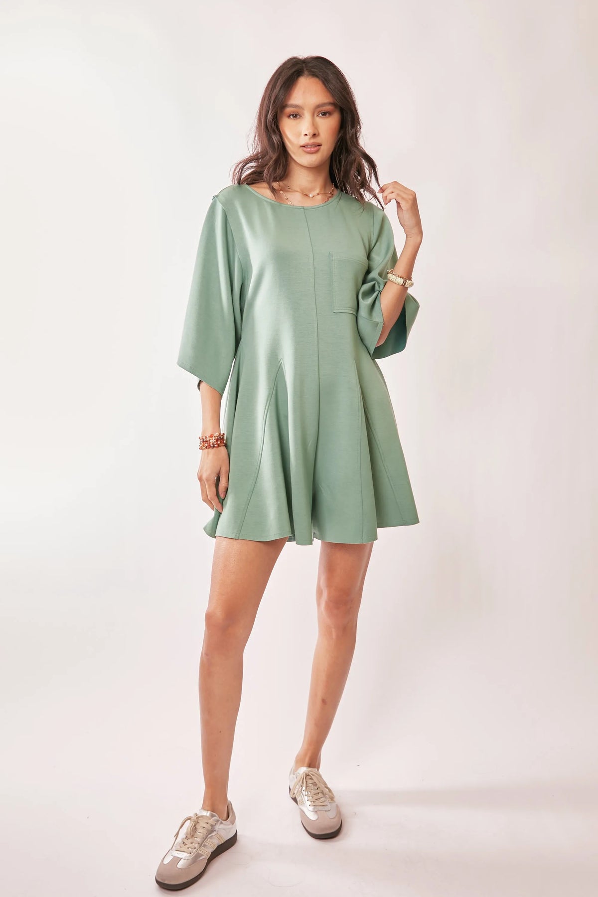 Sage green draped sleeve romper full length