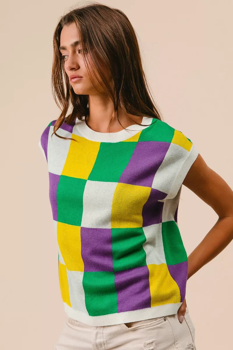 Checker Pattern Sleeveless Sweater Top in Off White view 10