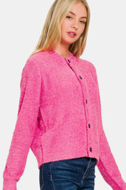 Zenana Button Down Long Sleeve Sweater Cardigan Fuchsia - Fashorio