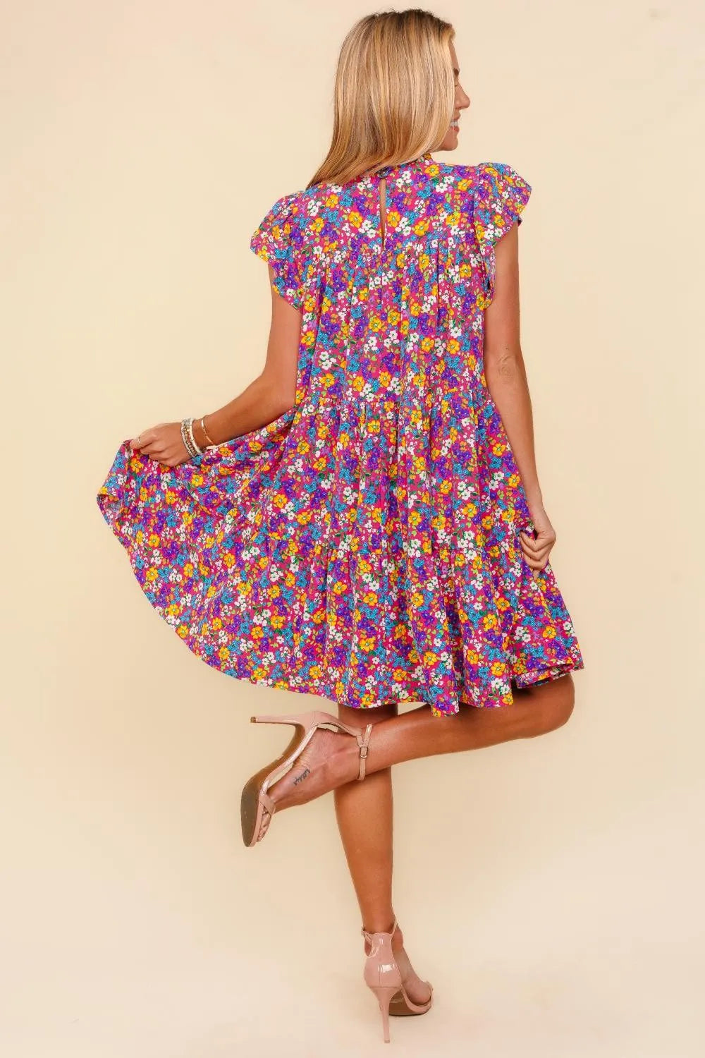 Frilled Mock Neck Ditsy Floral Dress back view