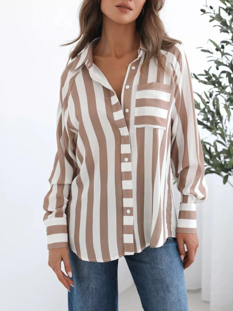 Striped button down shirt, front view