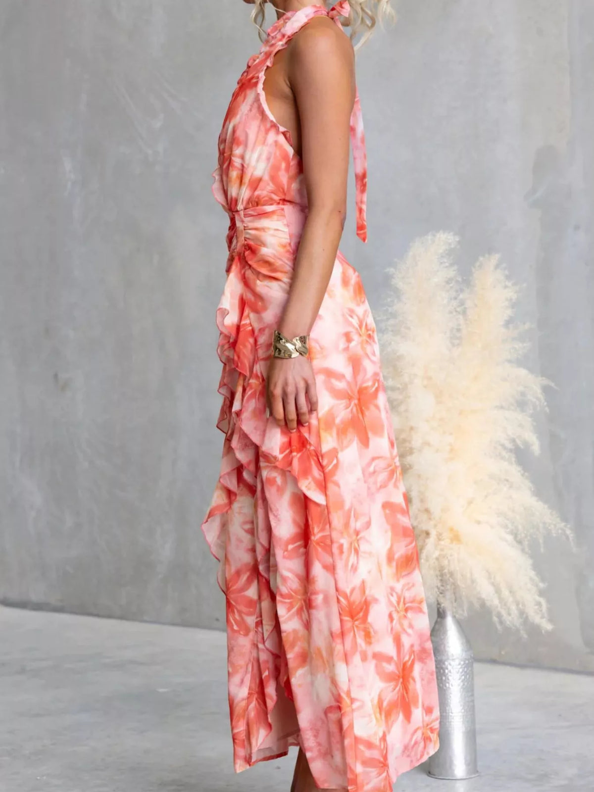 Floral halter dress in orange red