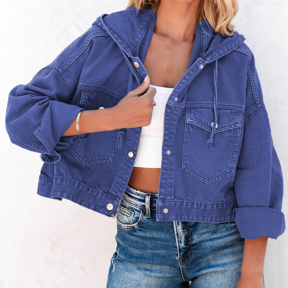 Hooded Dropped Shoulder Denim Jacket Royal Blue - Fashorio