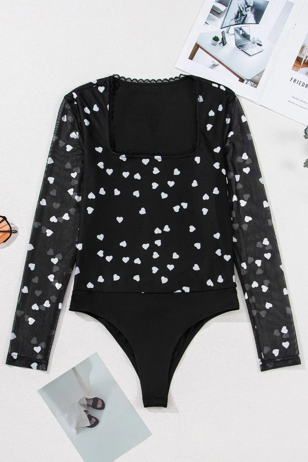 Heart Square Neck Long Sleeve Bodysuit - Fashorio