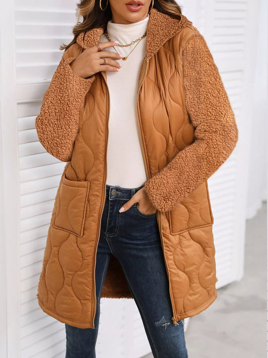 Zip Up Long Sleeve Hooded Outerwear Camel - Fashorio