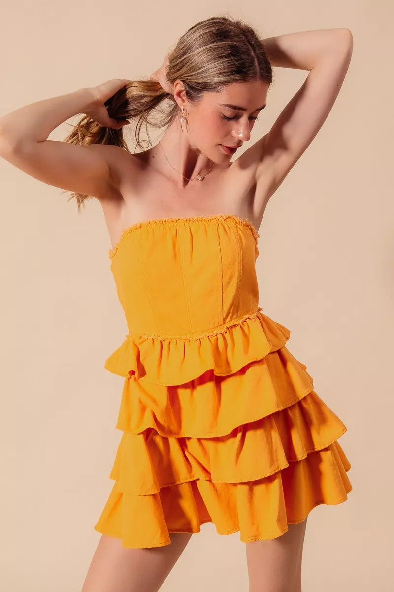 Strapless Ruffle Layered Dress in Gold back view