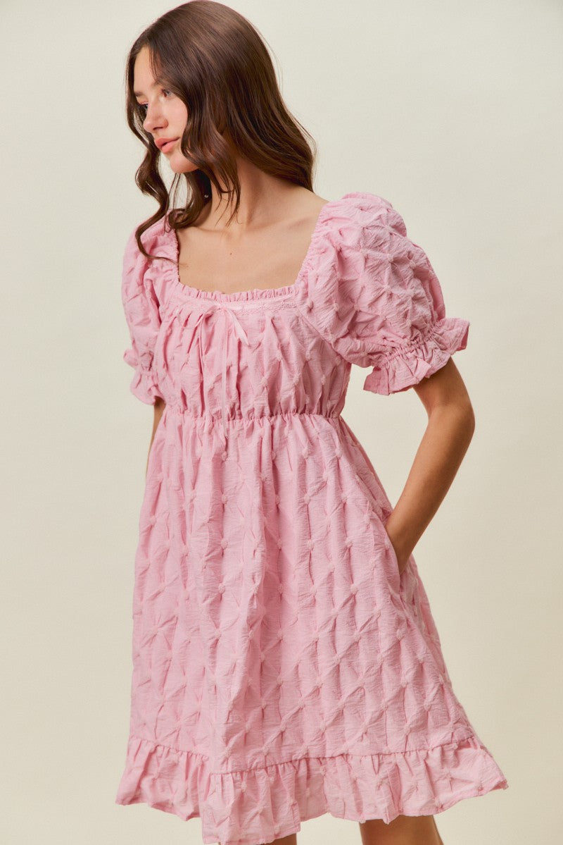 Textured Ruched Bust Mini Dress in Pink close up