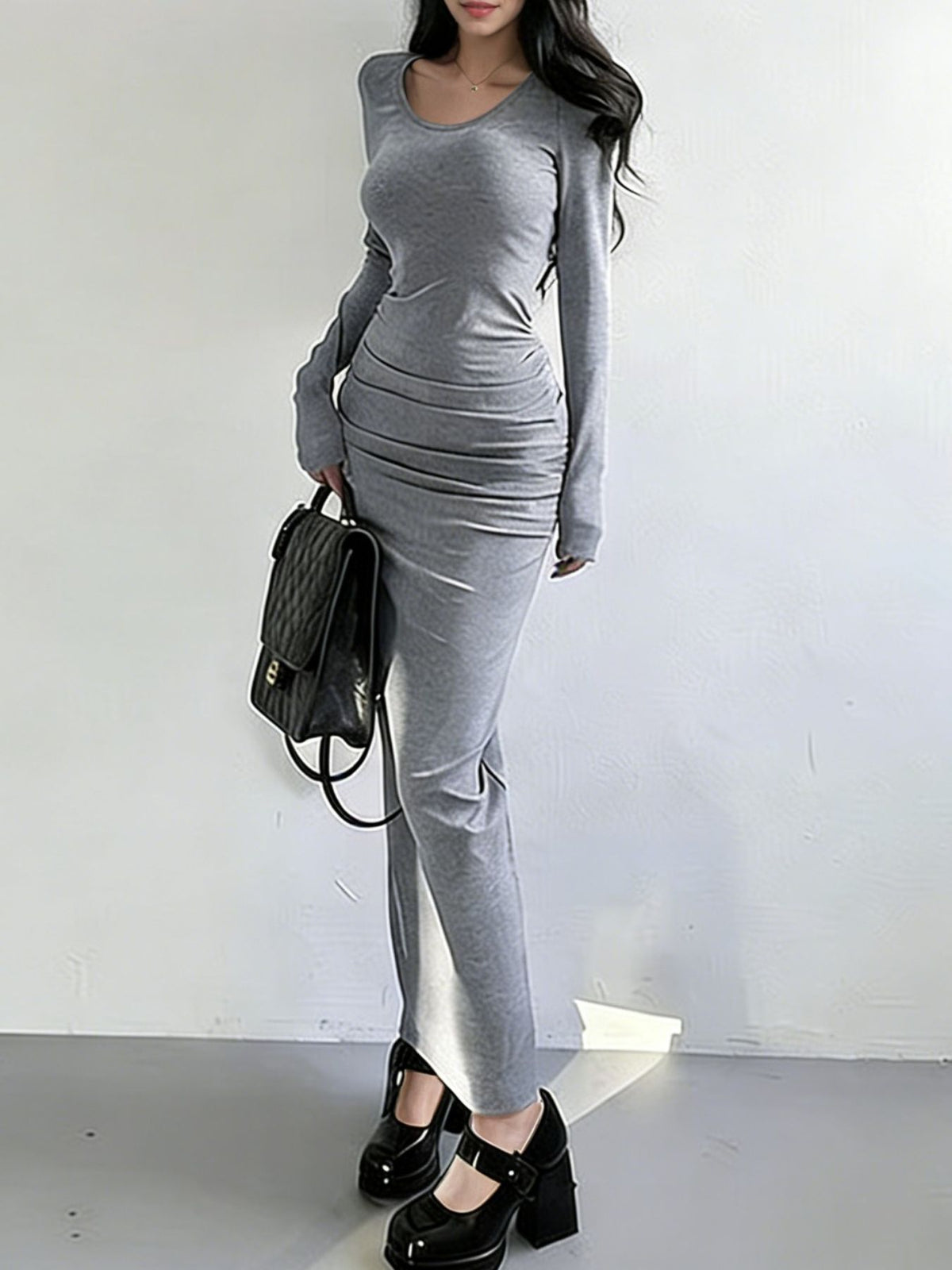 Ruched long sleeve bodycon maxi dress with slit side view