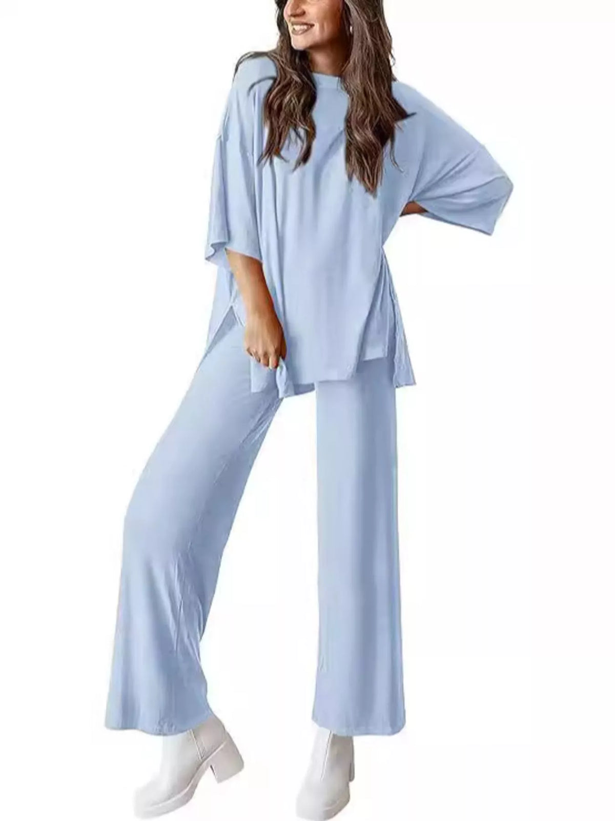 Relaxed Fit Round Neck Top and Pants Set, view 12