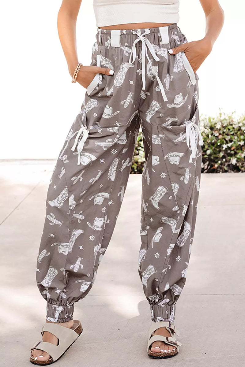 Mocha western cactus print drawstring jogger pants, front view
