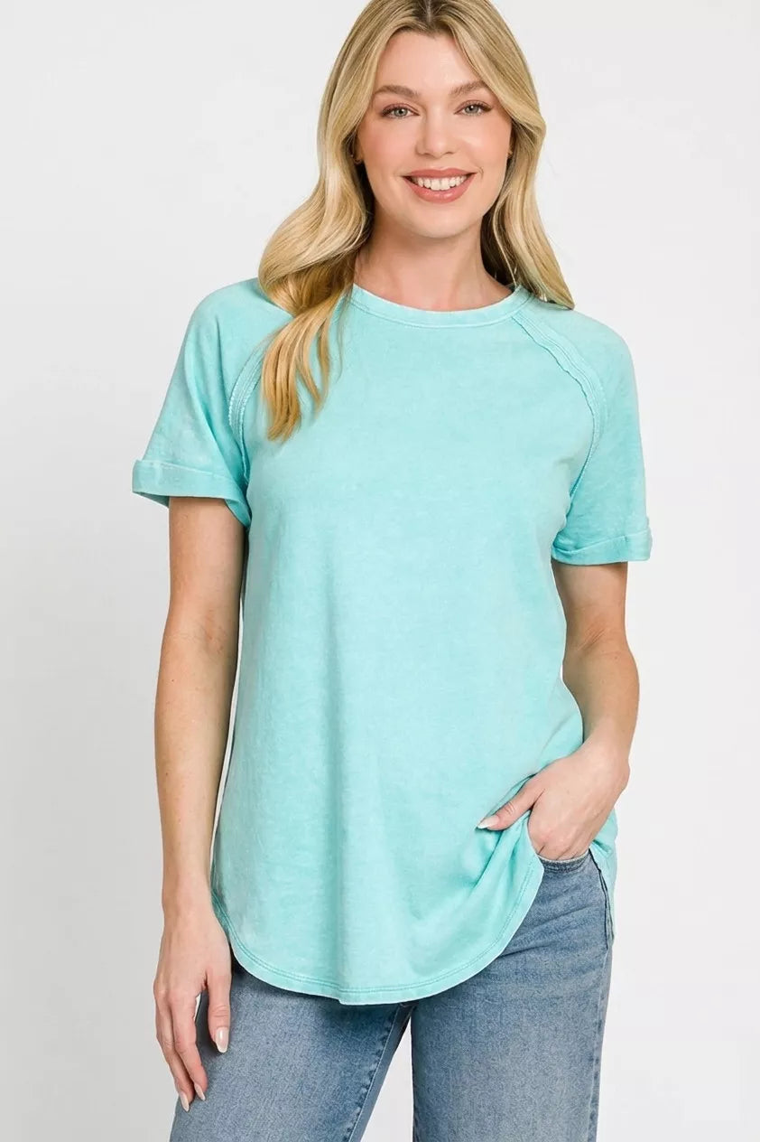 Mint sky Zenana french terry curved hem top front view