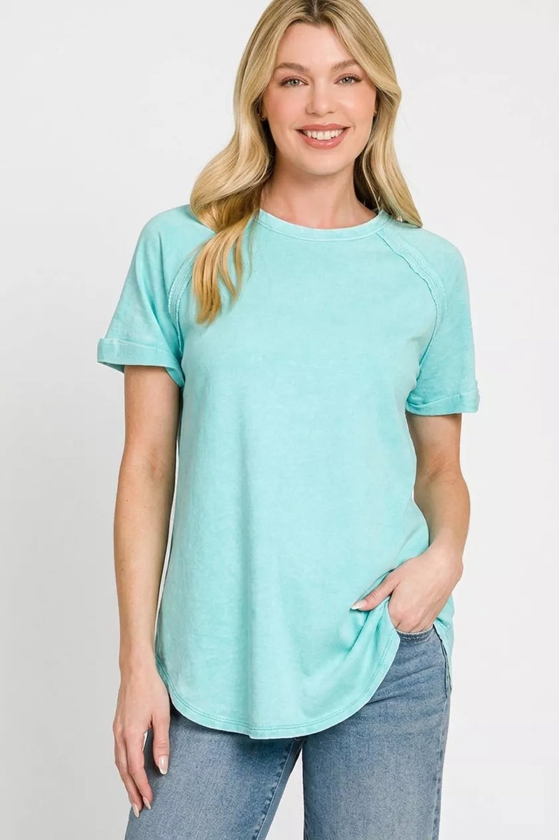 Mint sky Zenana french terry curved hem top front view