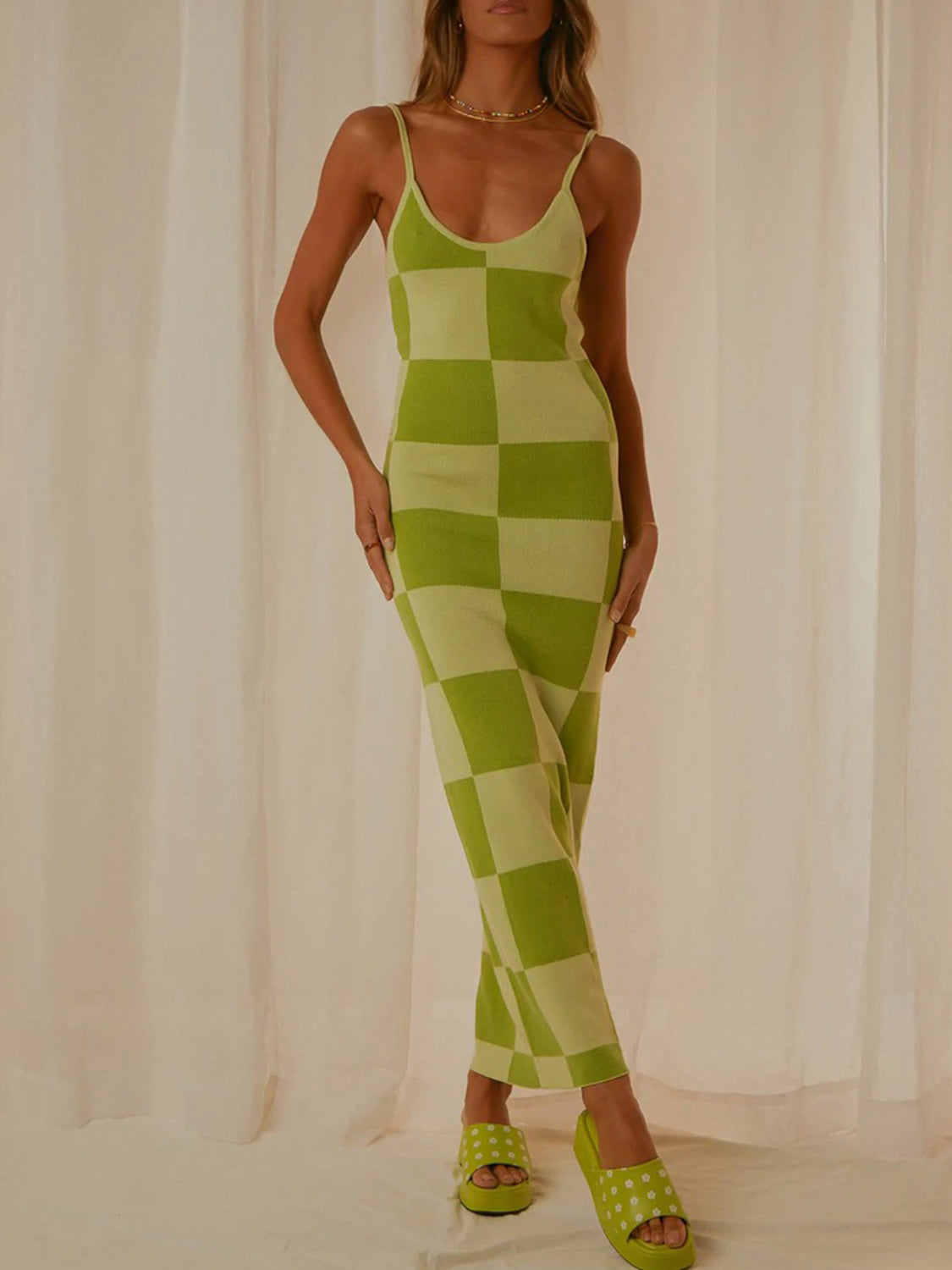 Spaghetti strap maxi sweater dress neckline detail