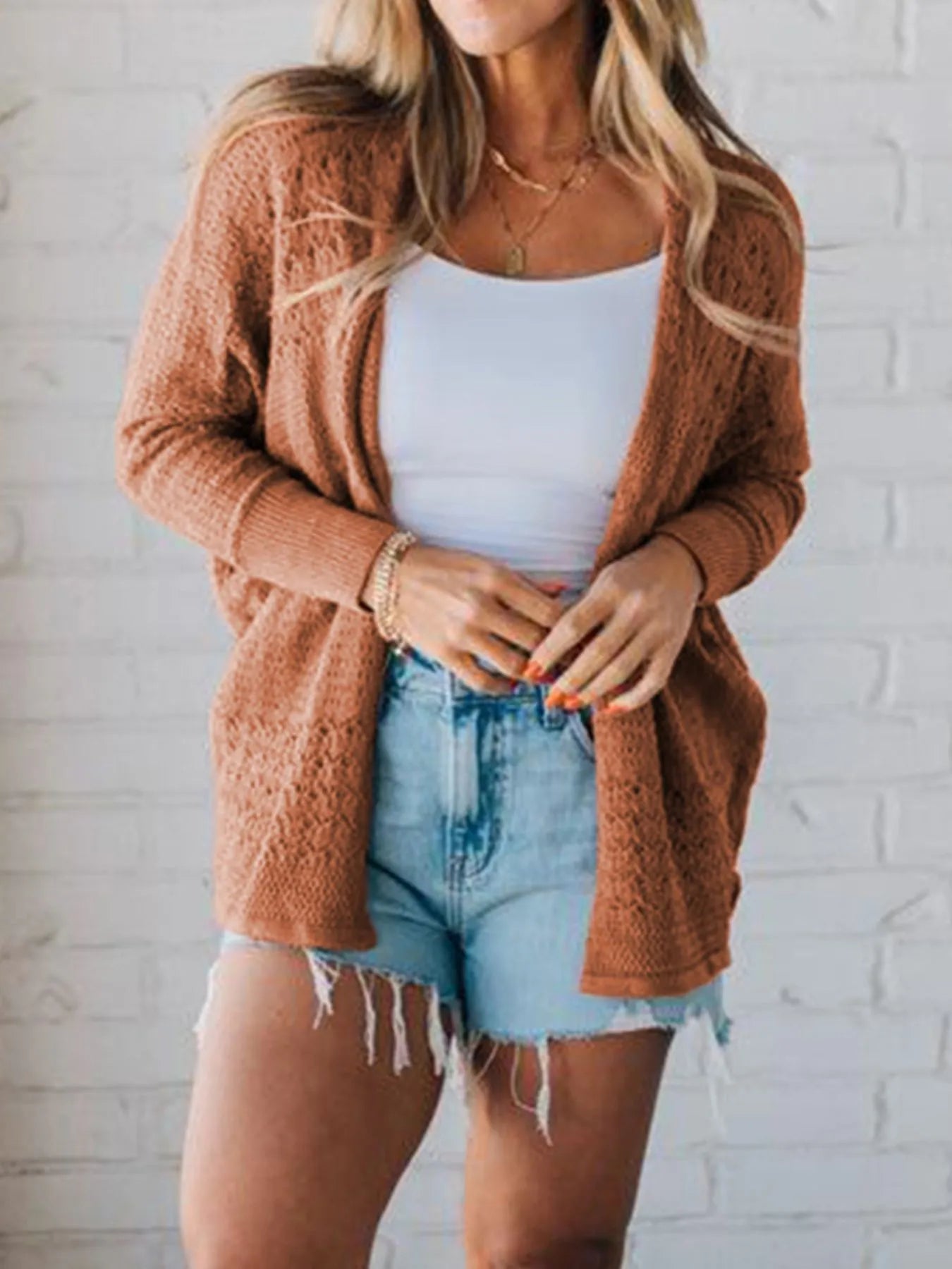 Open Front Knitted Cardigan with Eyelet Details - Fashorio