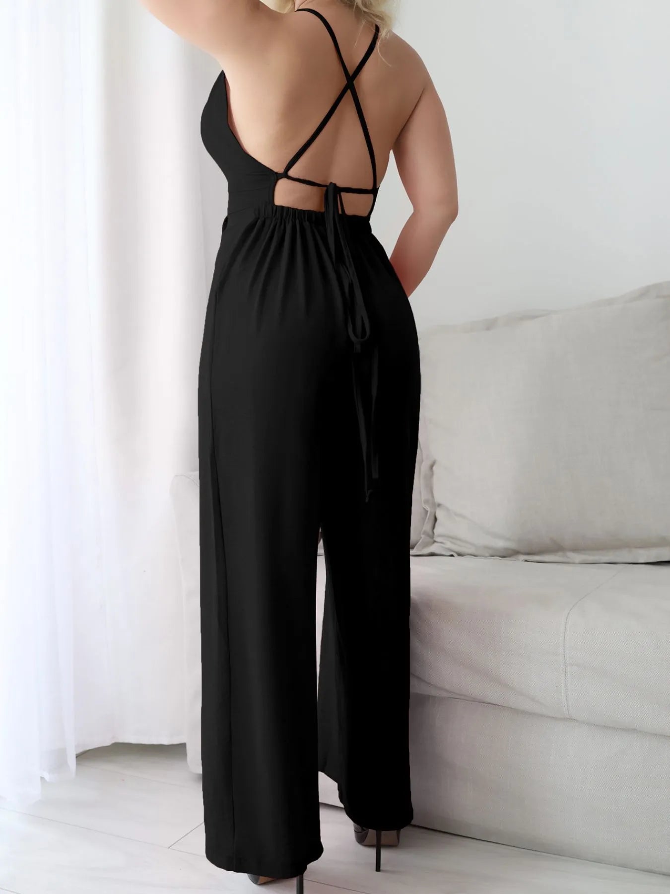 Crisscross Back V-Neck Wide Leg Jumpsuit - Fashorio