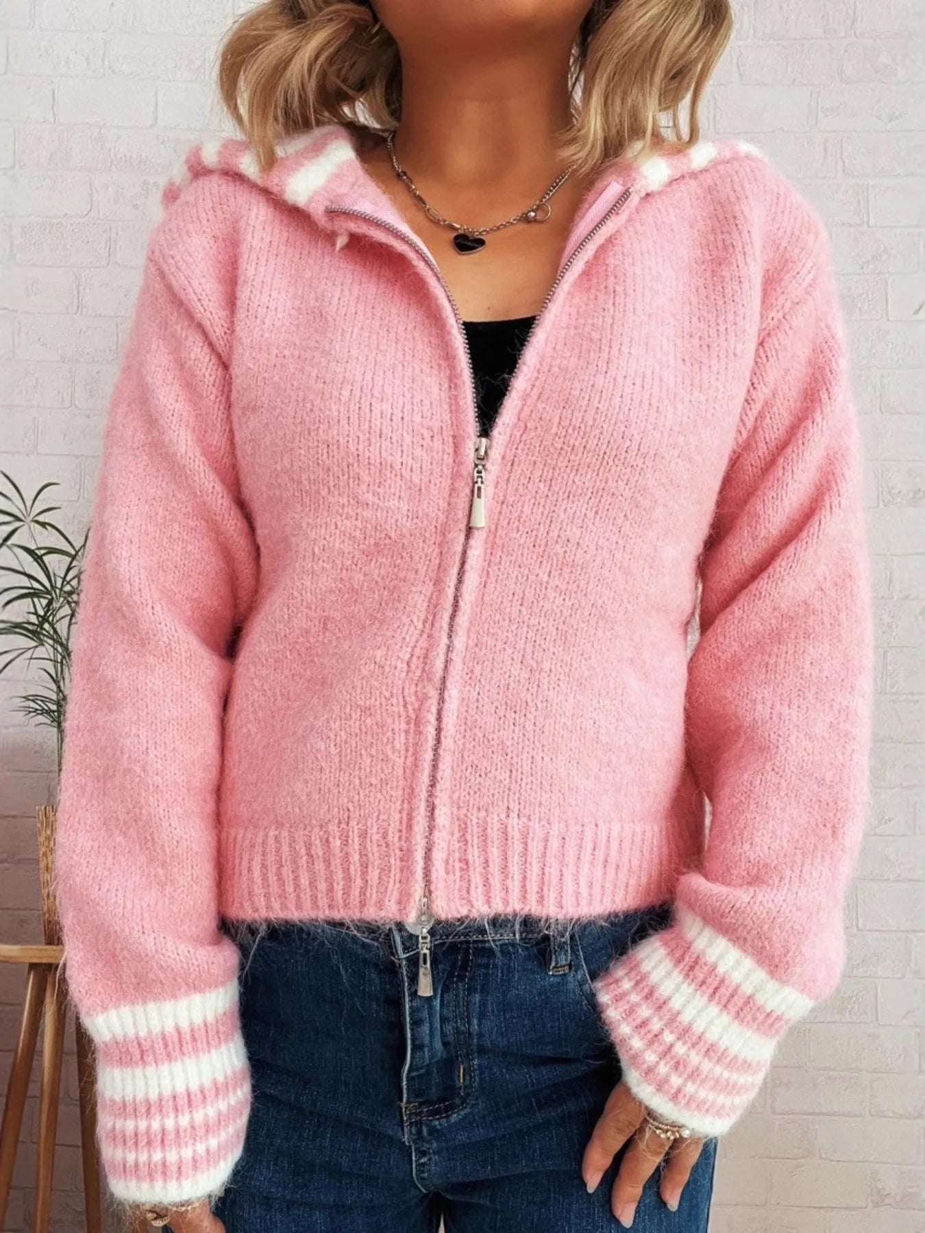 Striped Zip-Up Cardigan - Fashorio