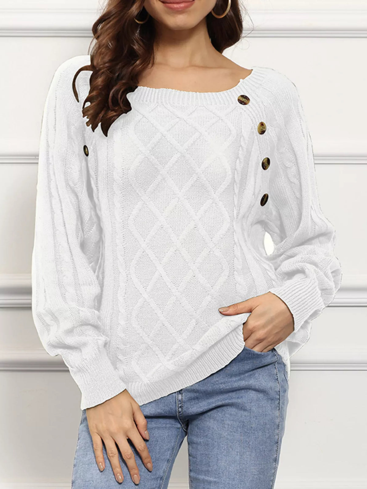 cable knit boat neck sweater front view