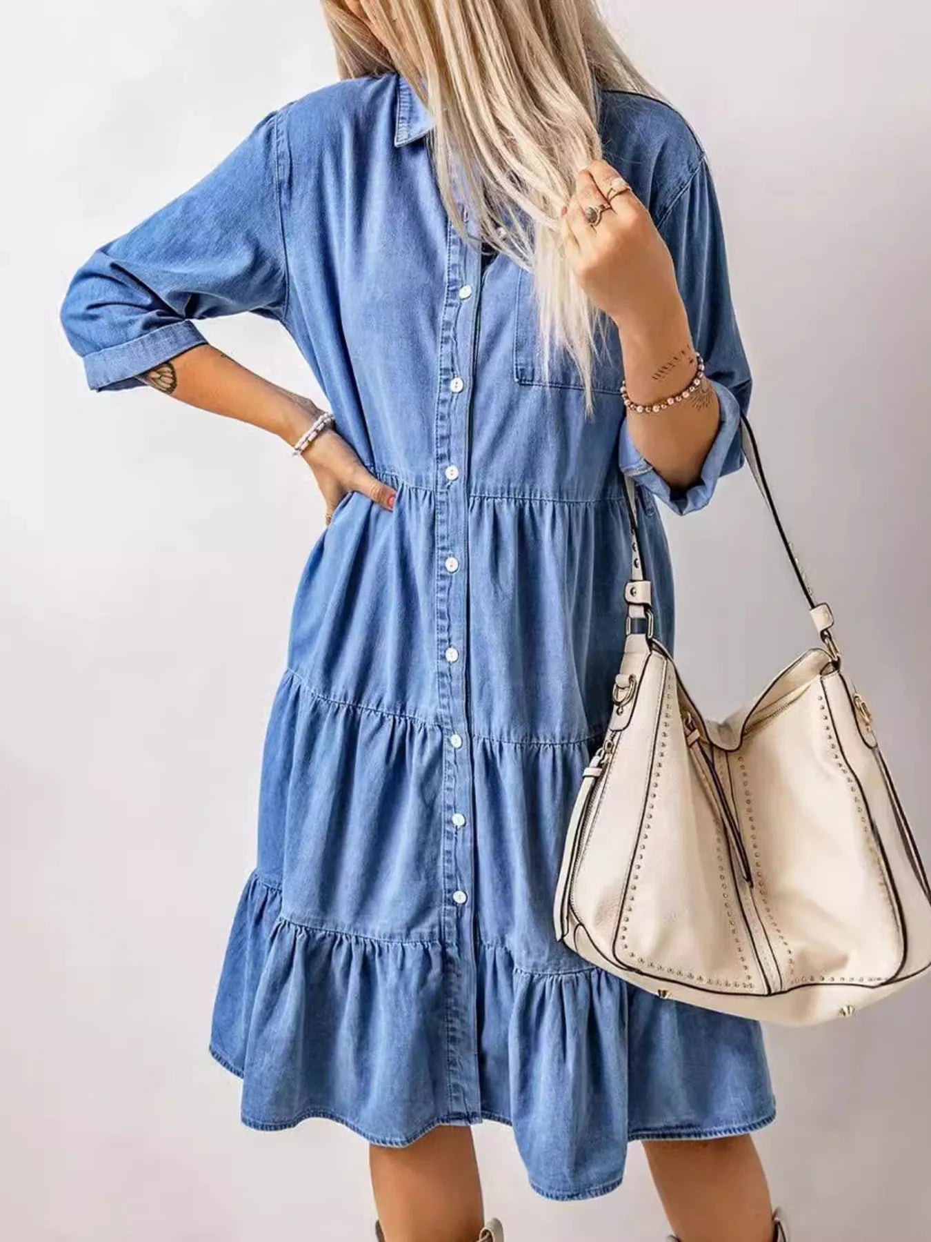 Full Size Ruffled Hem Button Up Denim Midi Dress Plus Size - Fashorio