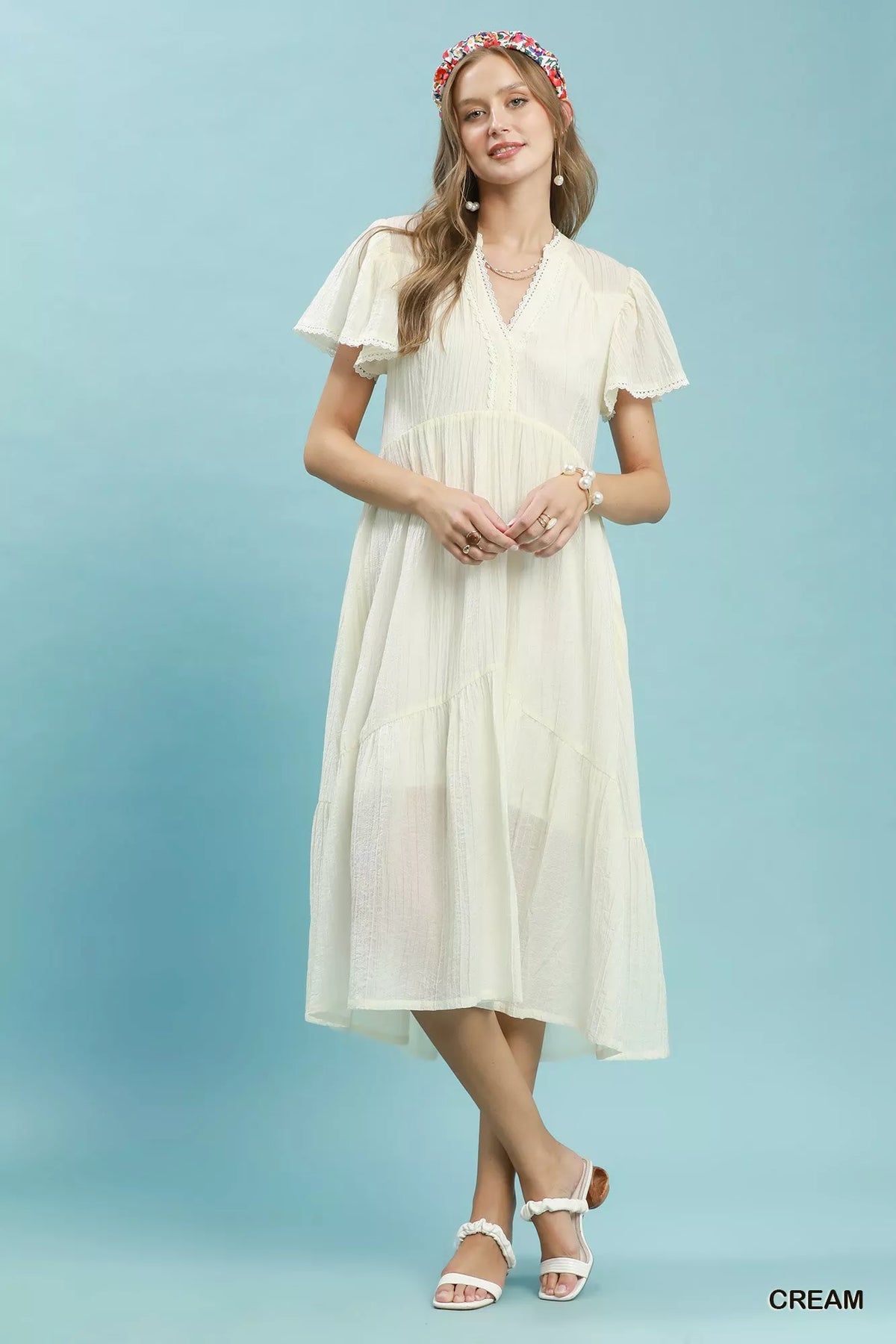 Cream textured lace trim tiered midi dress styled view