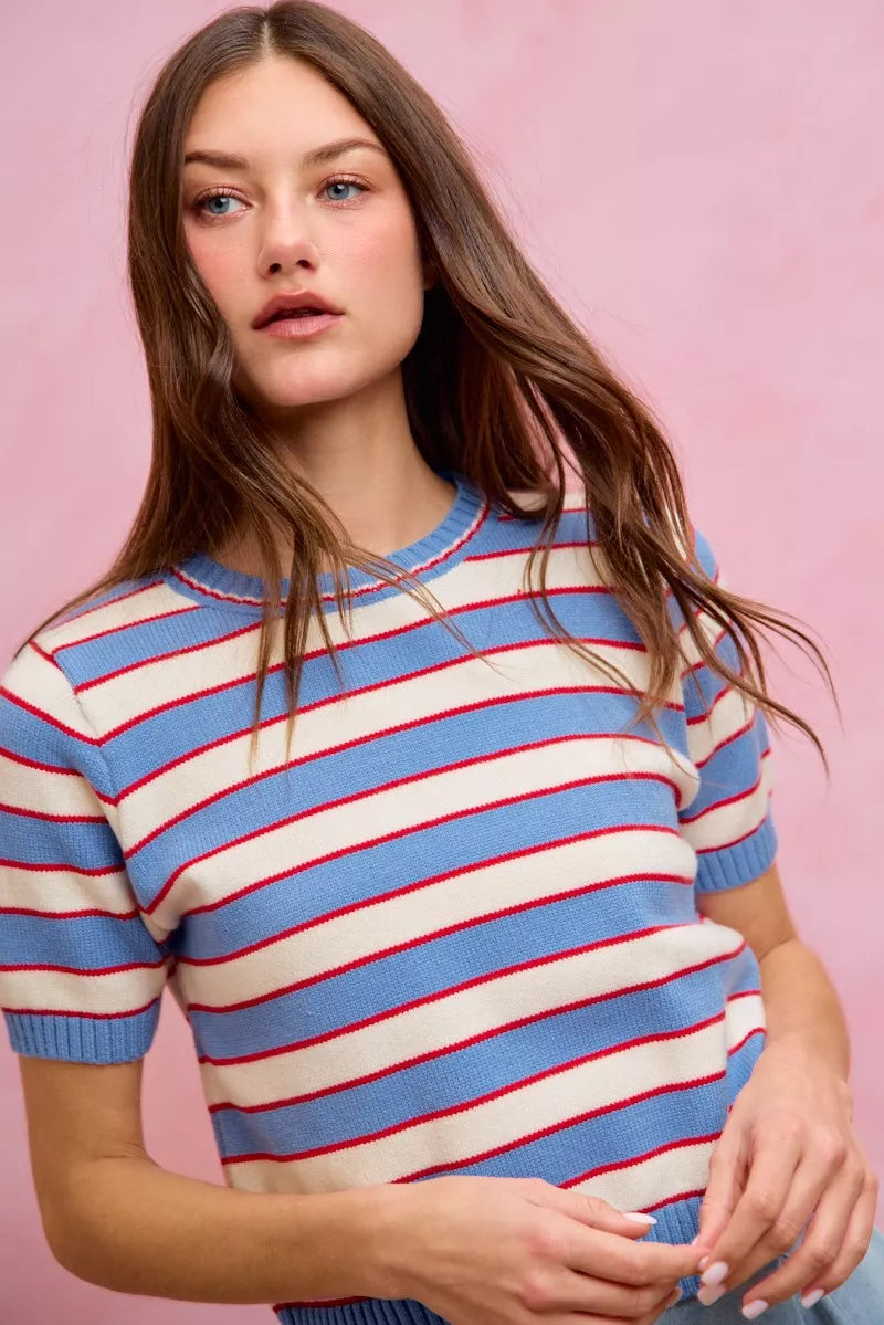 Blue and red striped sweater top full look
