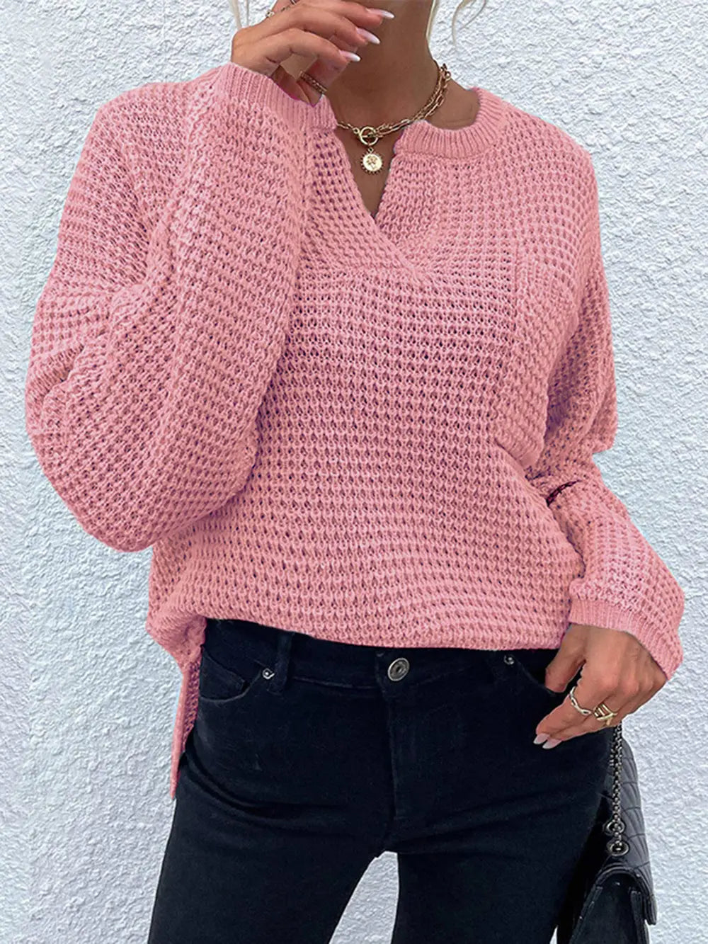 Notched Long Sleeve Sweater Dusty Pink - Fashorio