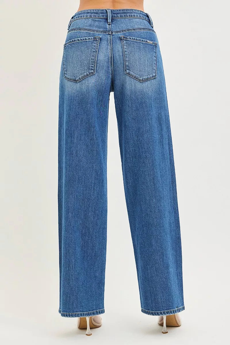 RISEN medium blue denim baggy jeans fabric texture detail