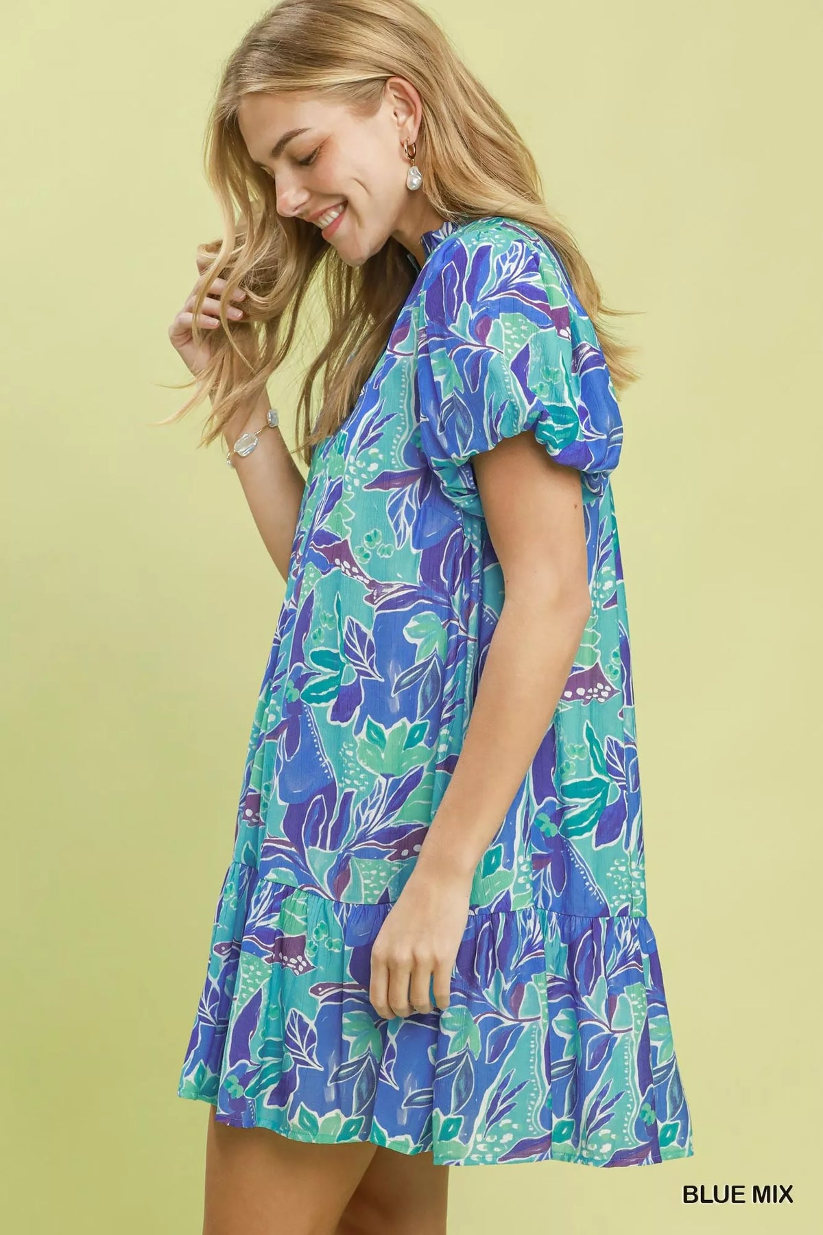 Blue floral tiered mini dress self tie V neck detail