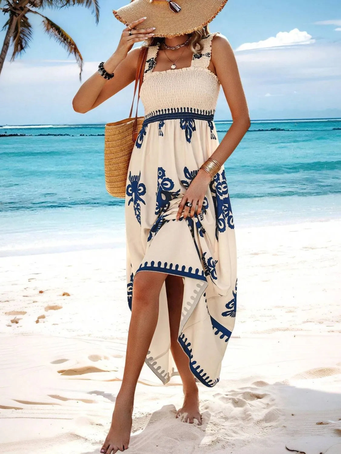 Smocked Printed Wide Strap Maxi Dress, view 17