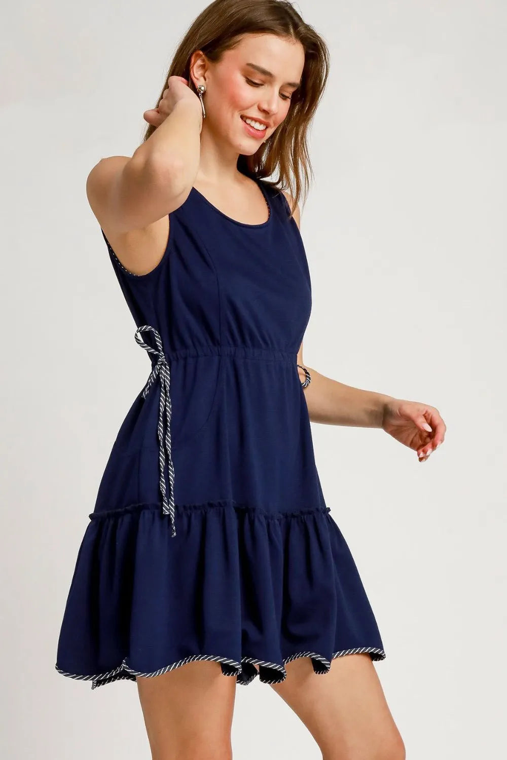 Frill Drawstring Waist Round Neck Mini Tank Dress side view