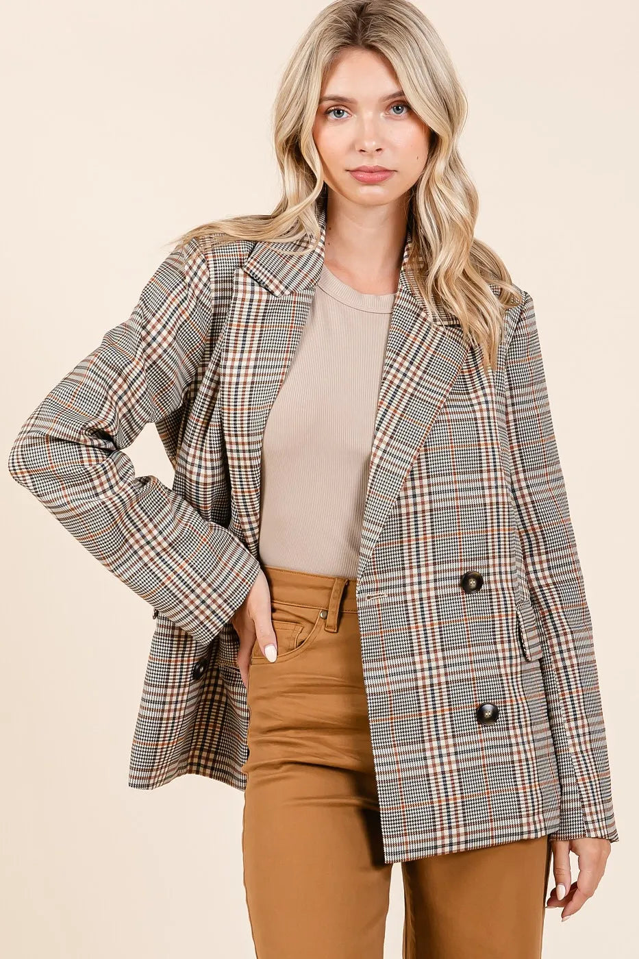 Mittoshop Plaid Double Breasted Relaxed Fit Blazer BROWN COMBO - Fashorio