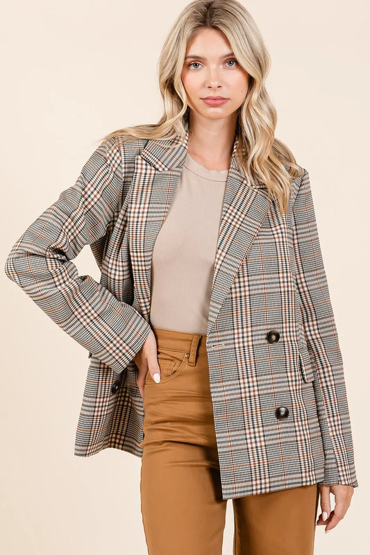 Mittoshop Plaid Double Breasted Relaxed Fit Blazer BROWN COMBO - Fashorio