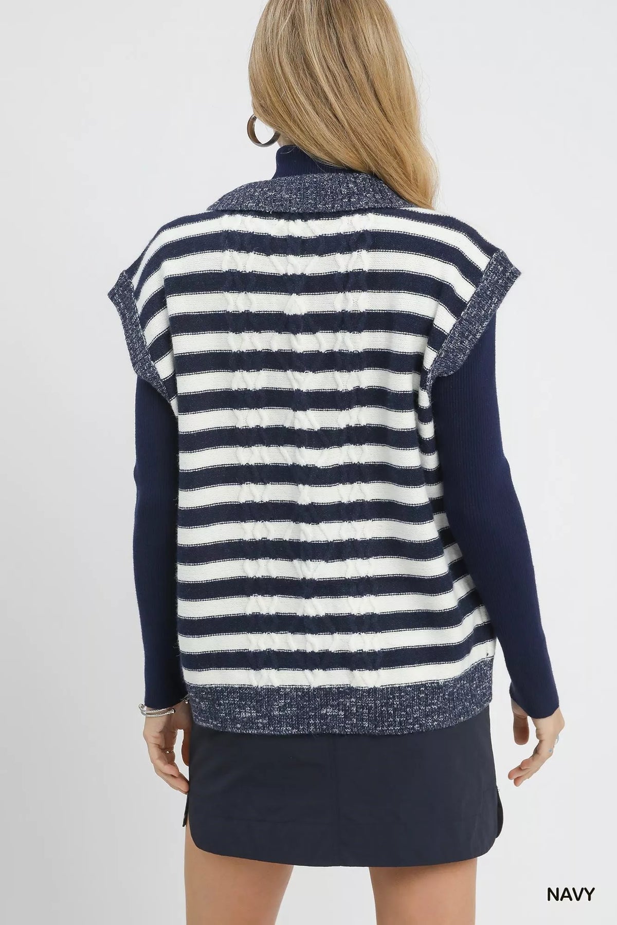 Cable Knit Collared Striped Sweater Vest in Navy styled look