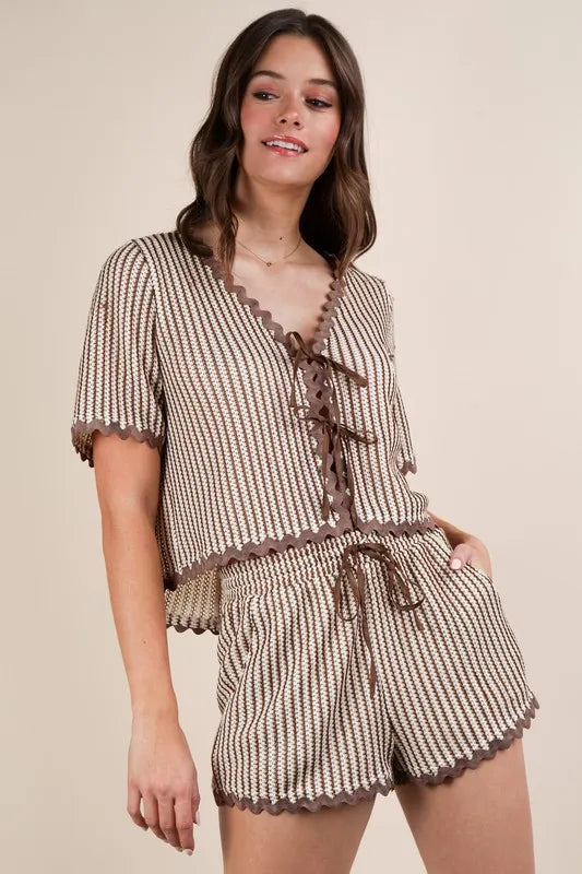 VERY J Wave Trim Detail Knit Top & Shorts Set - Fashorio