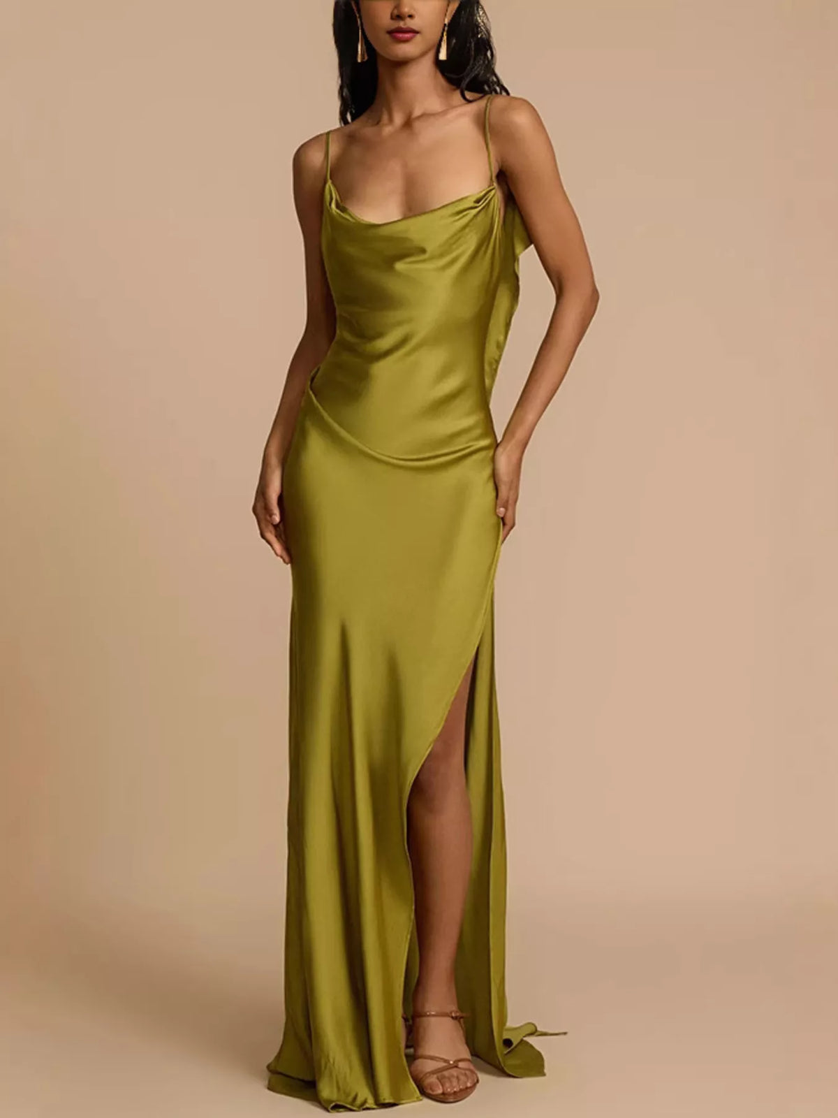Matcha satin cowl neck slit maxi dress side view