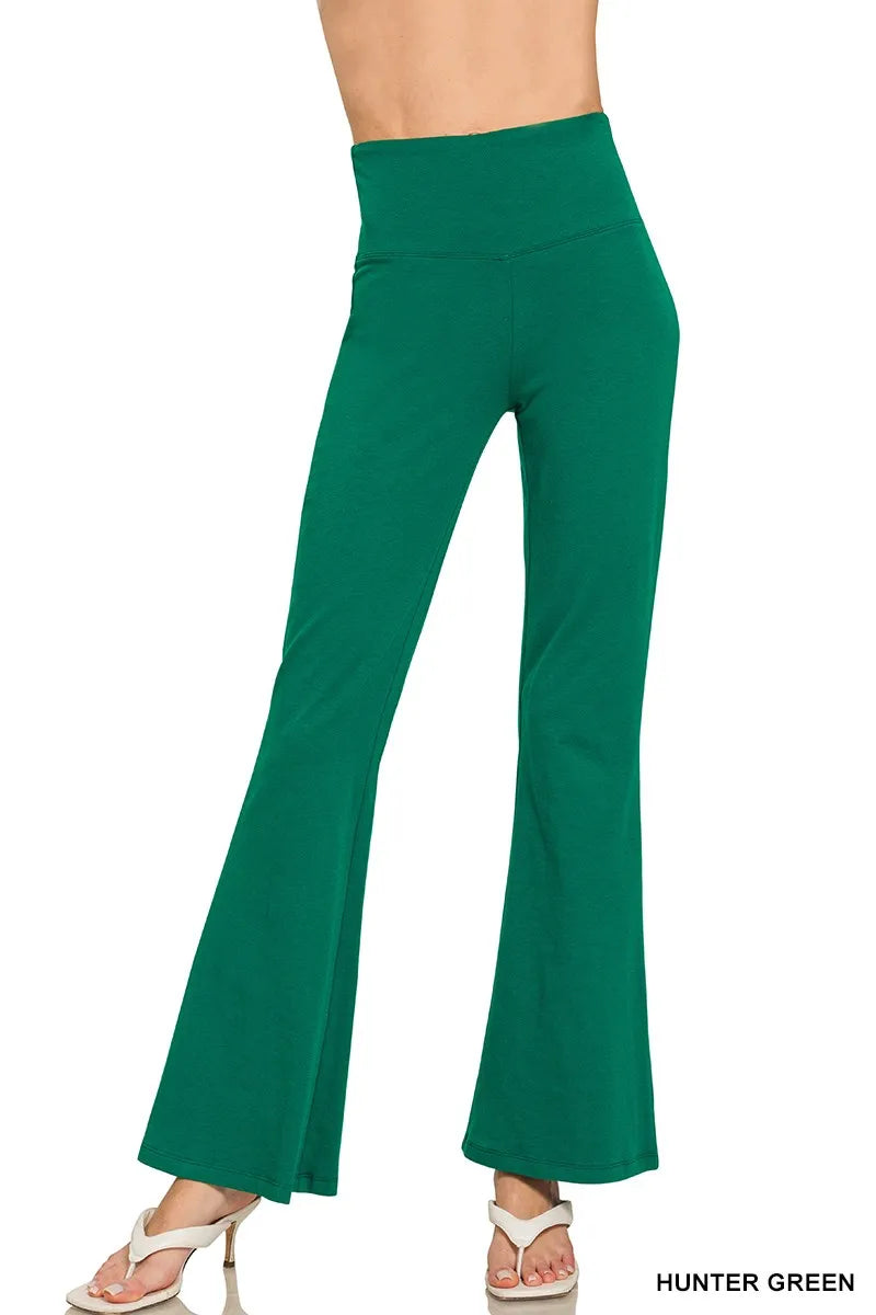 Zenana Wide Waistband Yoga Flare Pants HUNTER GREEN - Fashorio
