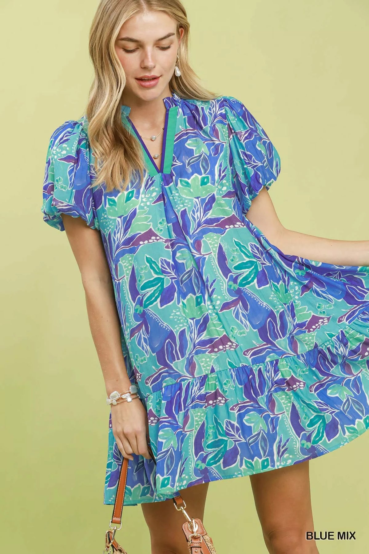 Blue tropical floral puff sleeve tiered mini dress front view
