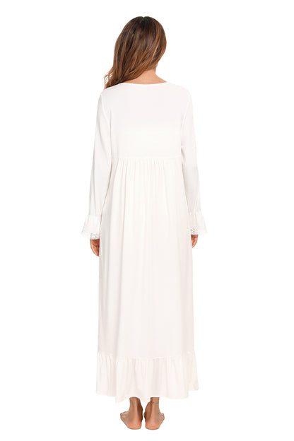 Lace Detail Square Neck Flounce Sleeve Night Dress - Fashorio
