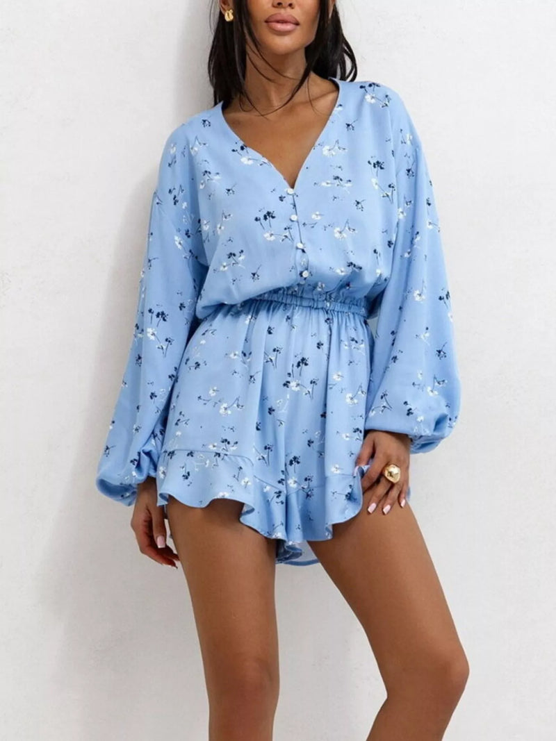 Sky blue floral print V neck romper front view