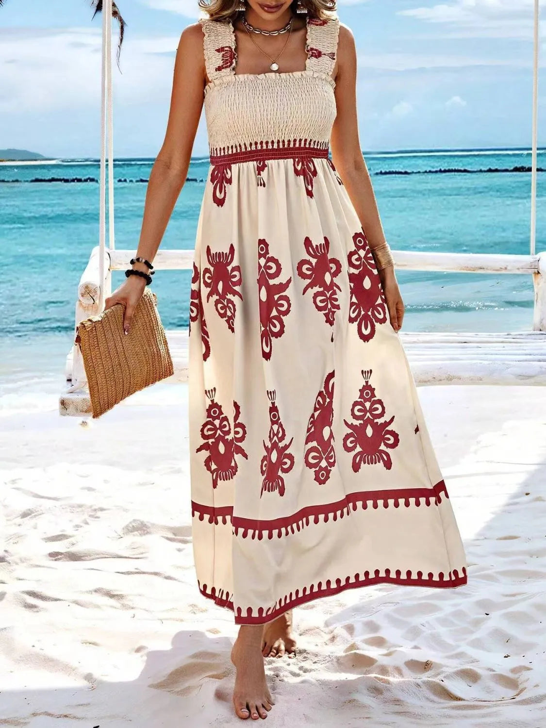 Smocked Printed Wide Strap Maxi Dress, view 30