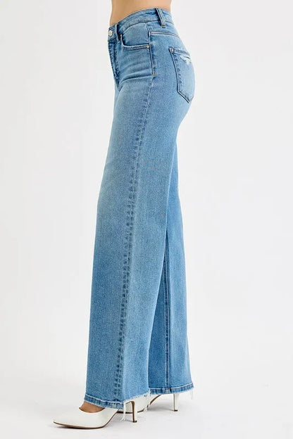 RISEN Full Size Distressed Wide Leg Jeans Plus Size - Fashorio