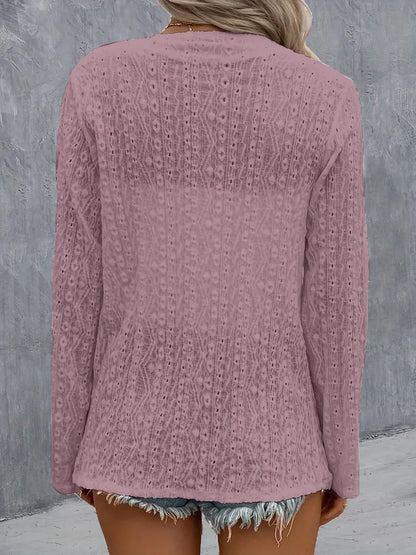 Eyelet Roll-Tab Sleeve Cardigan - Fashorio