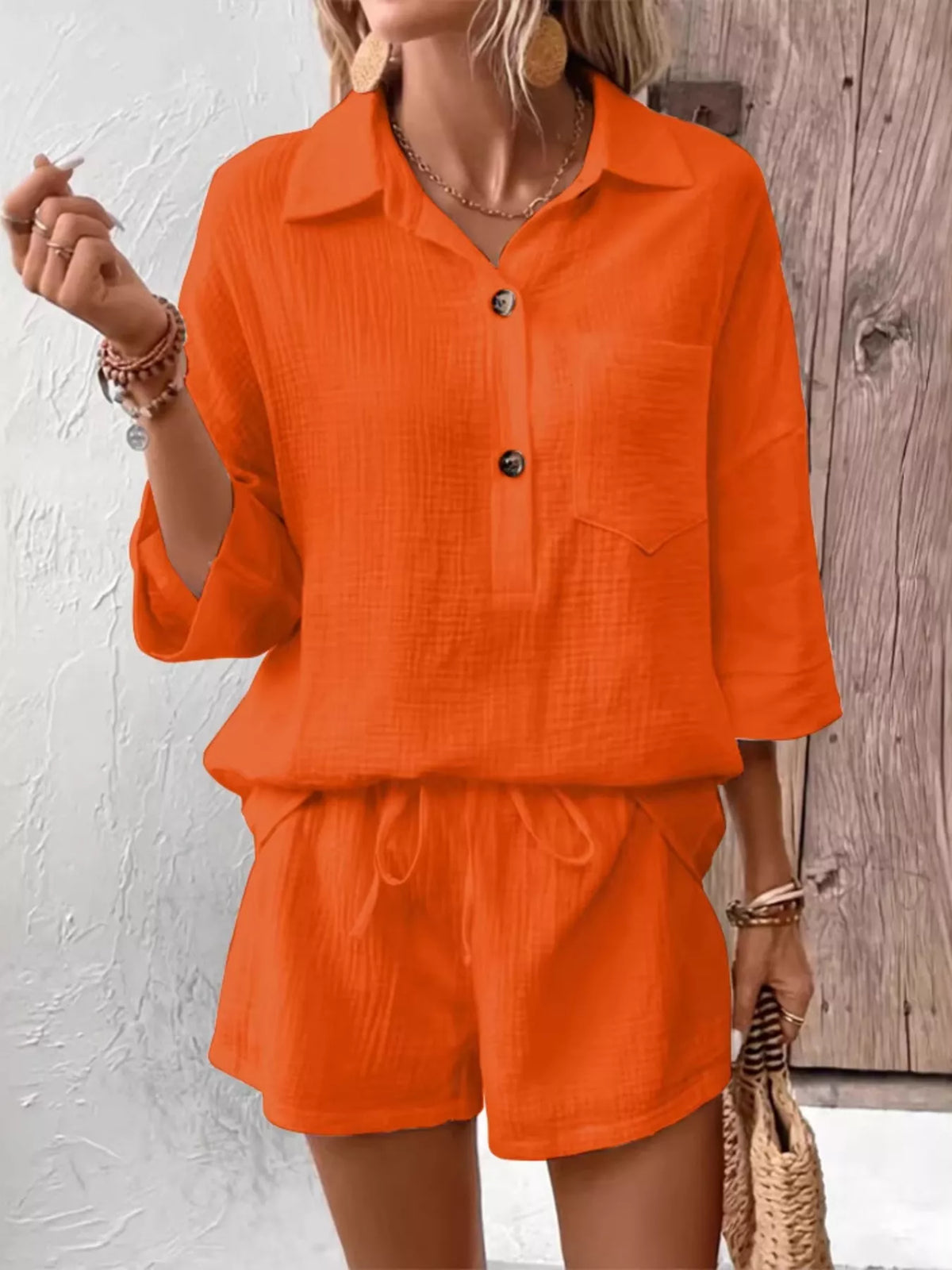 Matching button detail top and shorts outfit