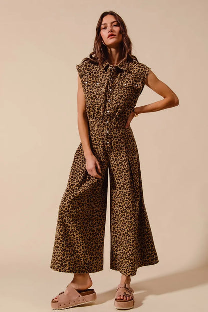 SO ME Wide Leg Leopard Twill Overalls Jumpsuit with Tuck - Fashorio