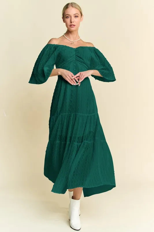 Swiss Dot Open Back Ruffle Midi Dress in Forest Green