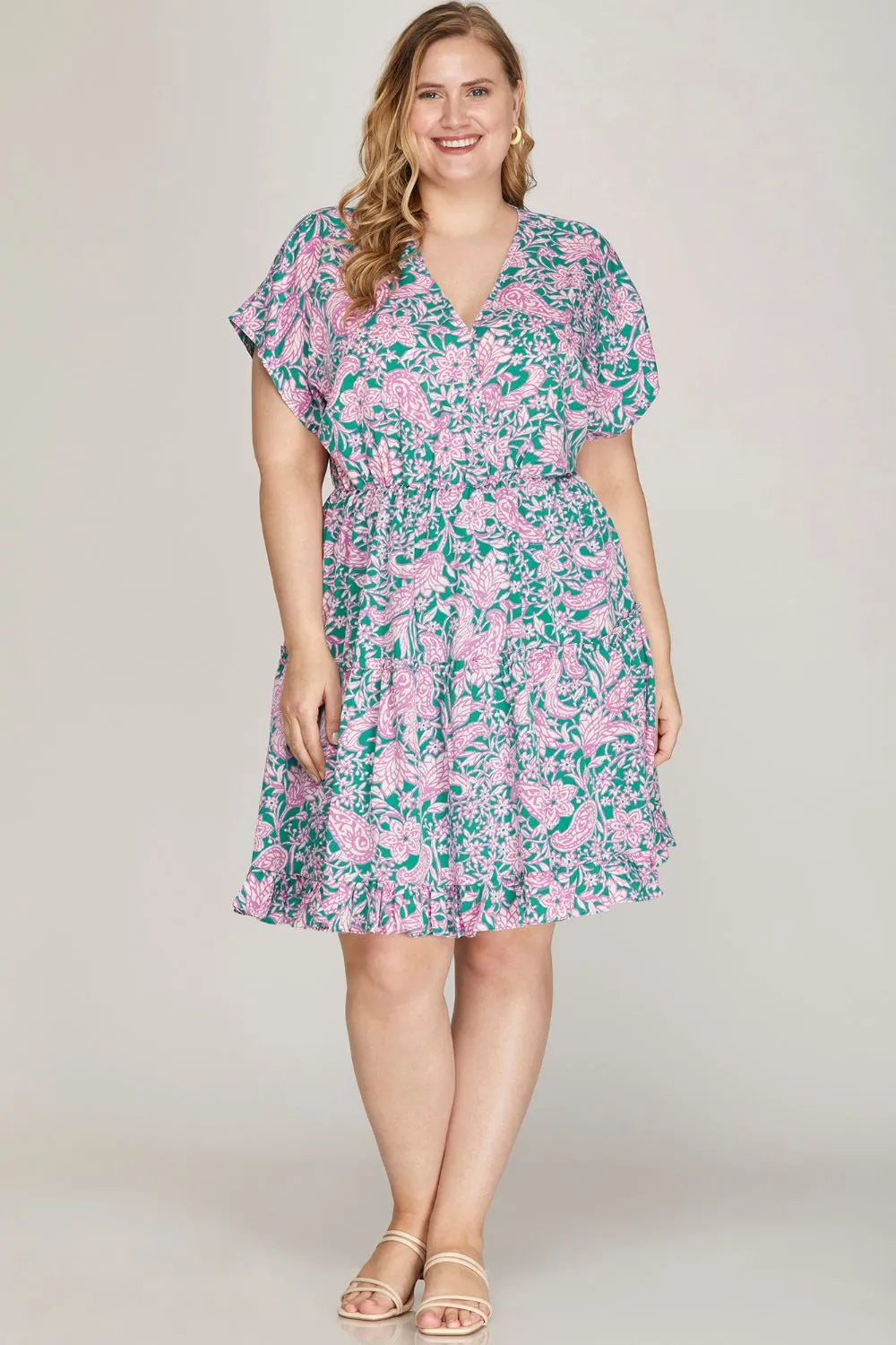 Ruffled Hem Printed Surplice Kimono Sleeve Mini Dress side view