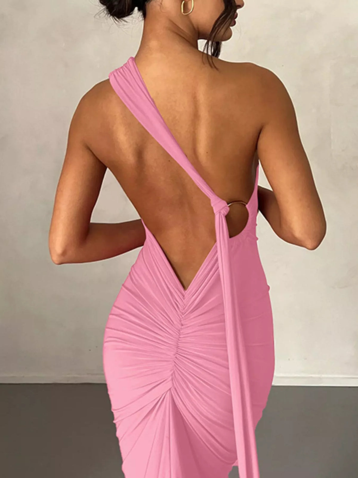 One Shoulder Ruched Bodycon Maxi Dress side view
