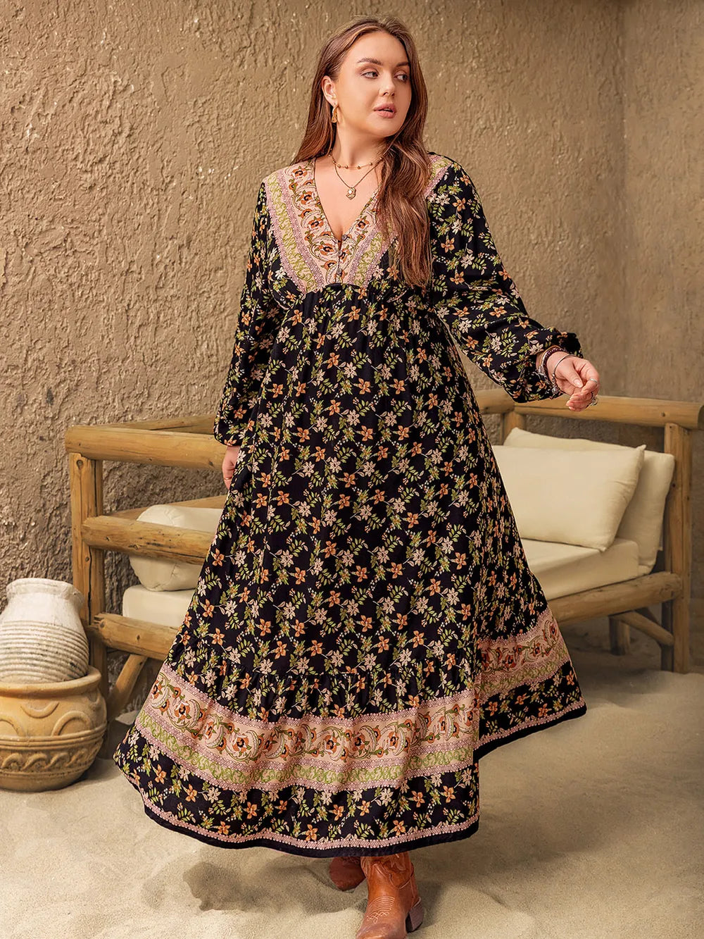Plus size floral V neck balloon sleeve dress front view