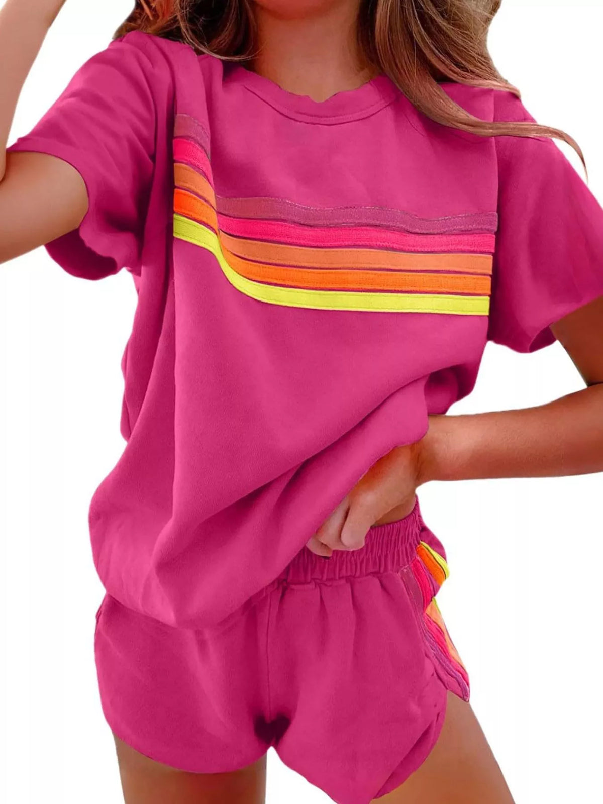 Rainbow Striped Round Neck Top and Shorts Set, view 10