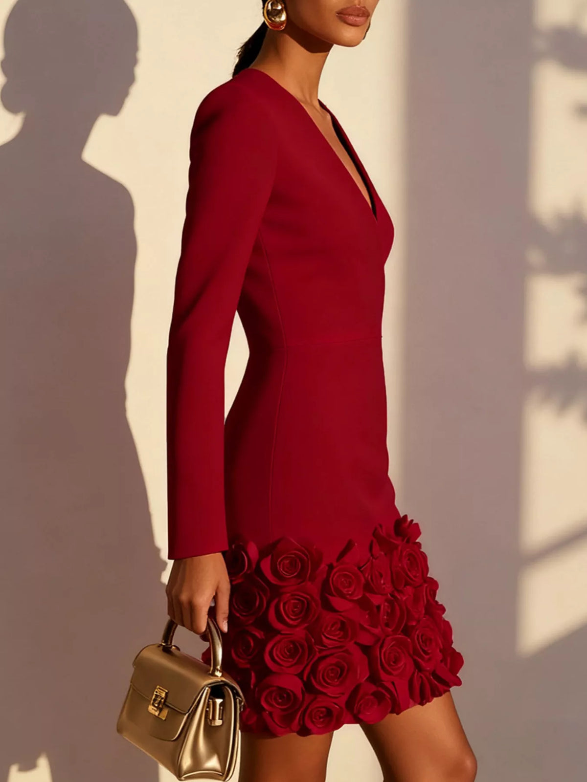 Rose embellished V neck dress fabric detail