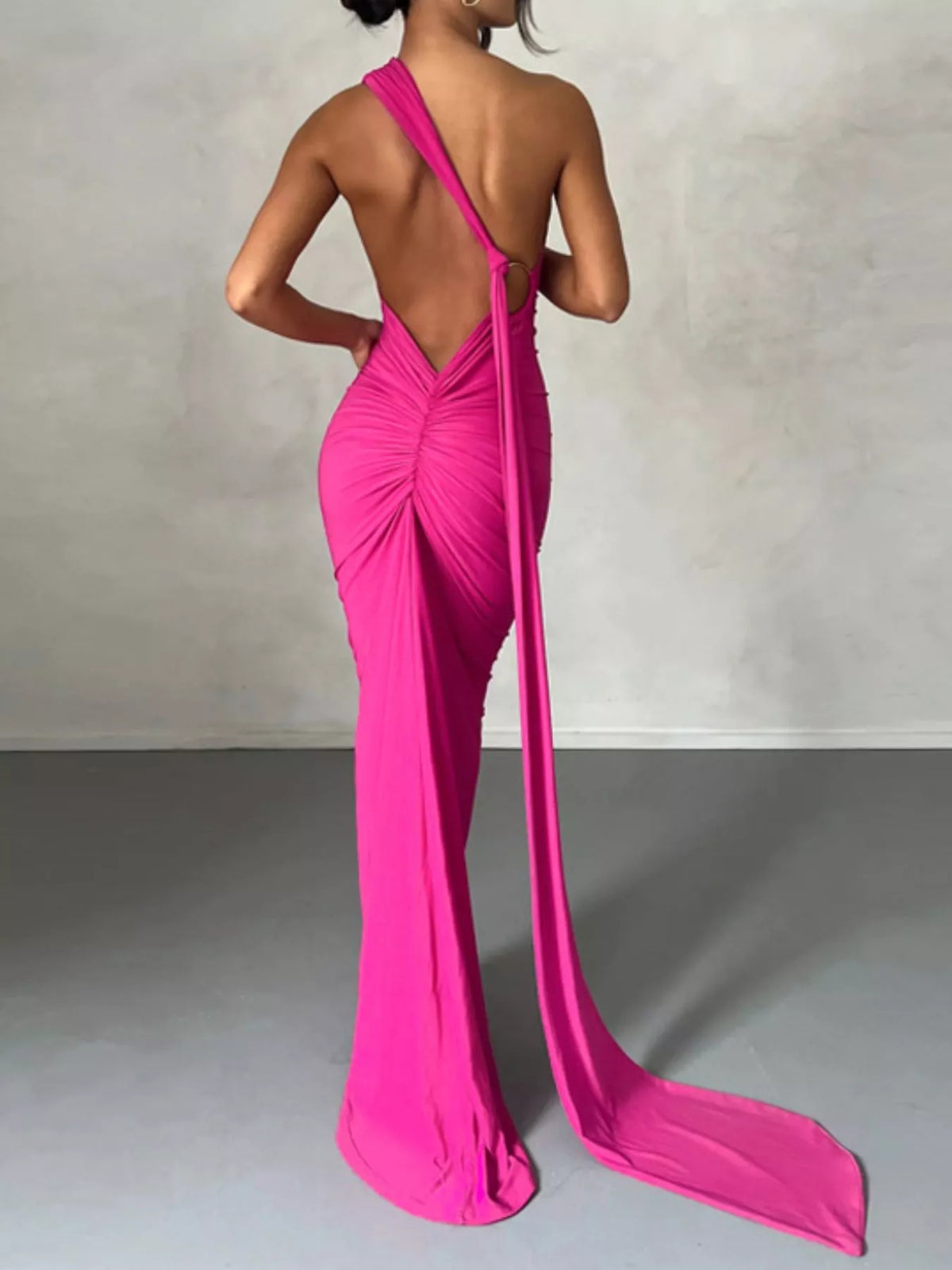 One Shoulder Ruched Bodycon Maxi Dress full length view